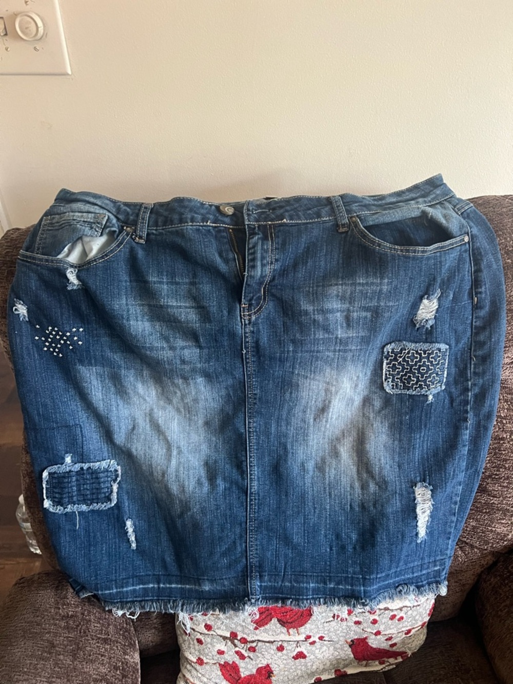 Embellished Blue Midi Denim Skirt with Distressed Patchwork